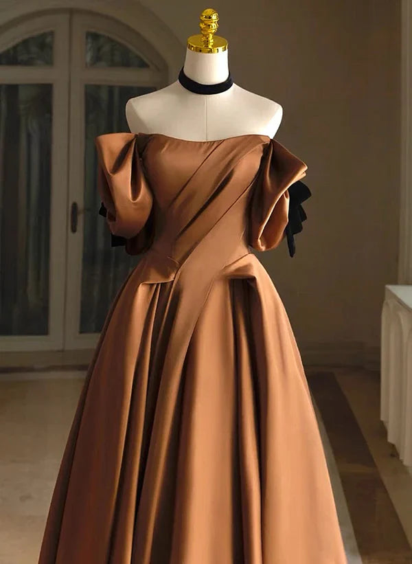 A-Linie Ballkleid Satin Off Shoulder Rundhals Lang Abschlussballkleid Abendkleid