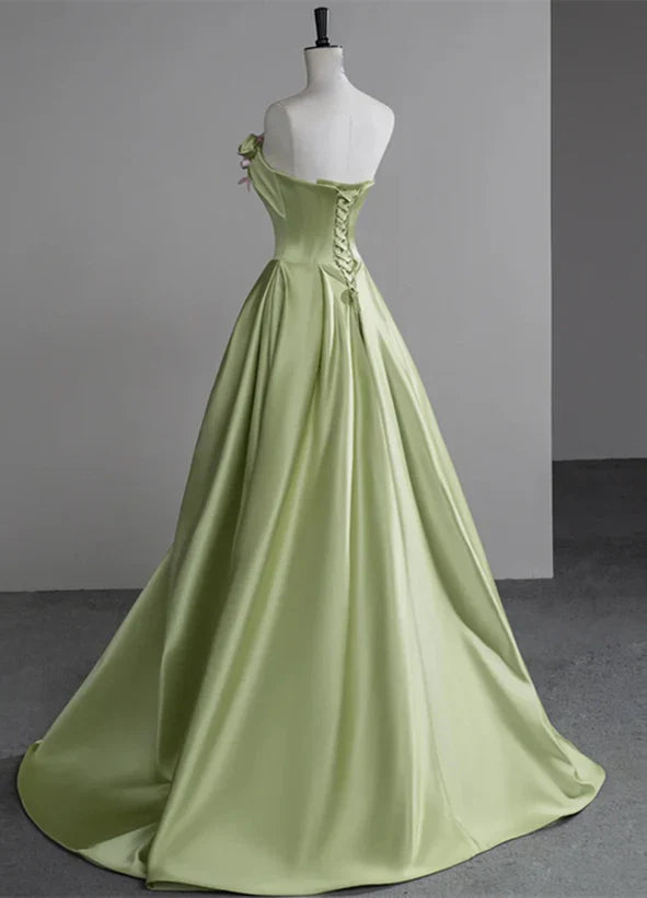 A-Linien-Ballkleid aus Satin mit Blumen, langes Abendkleid, Ballkleid aus Satin