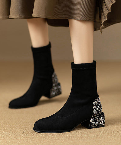 Stilvolle klobige Stiefel mit Zirkon-Spleißen aus schwarzem Wildleder 