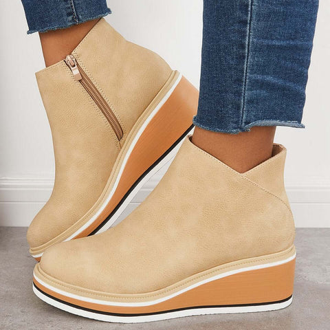 Casual Wedge Sneakers Side Zipper Platform Wedge Ankle Boots