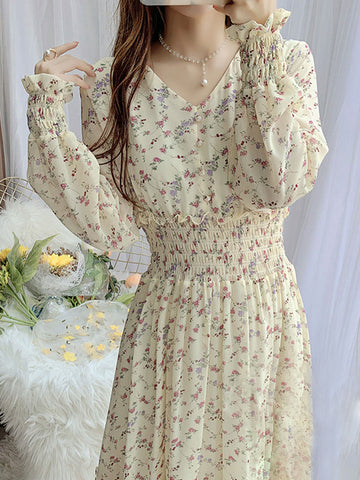Classic Floral Ruffle Chiffon Dress-Pink