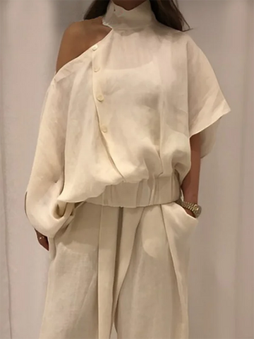 Irregularity Loose Hollow Solid Color Cold Shoulder Blouses&Shirts Tops