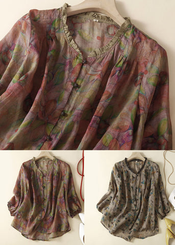 Bio Lila Print Rüschen Patchwork Leinen Tops Sommer 