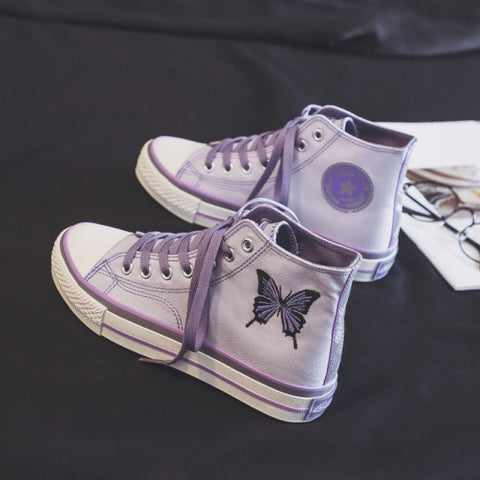 High Top Canvas Shoes Women Patchwork Cute All-Match  Lace-UpFlat Sneakers Girl Chic Reflective Embroidery Casual Shoes