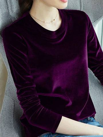 Spring Long Sleeve Loose Early Autumn T-shirt Women Gold Velvet Short Paragraph Bottoming Shirt New Fashion Top