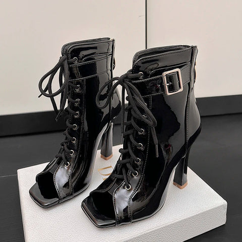 Botines de tacón alto de verano para mujer, primavera 2024, con punta abierta y cordones, para fiesta, jazz, baile, talla grande 47 