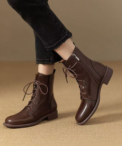 Neu Rindsleder Stiefel Reißverschluss Lace Up Spleißen Braun 
