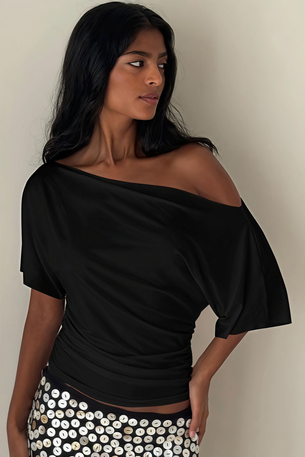 Chic Solid Off Shoulder Shirred Waist T-shirt