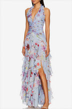 Chiffon Floral Halter Tie Tiered Maxi Dress