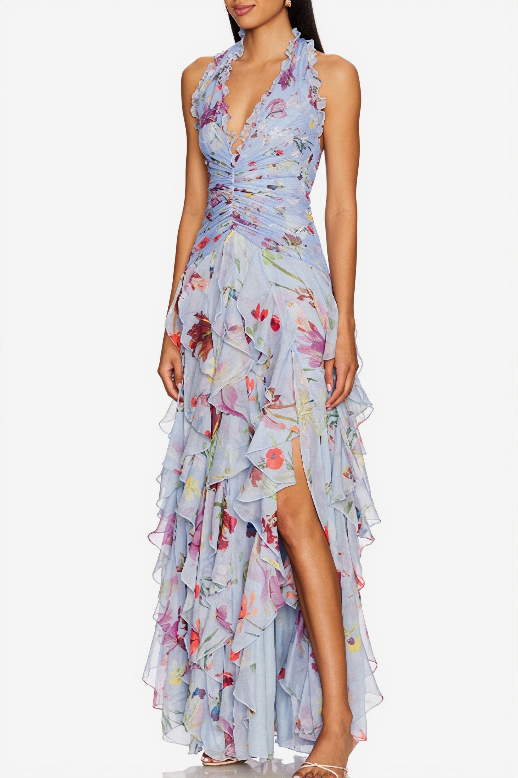 Chiffon Floral Halter Tie Tiered Maxi Dress