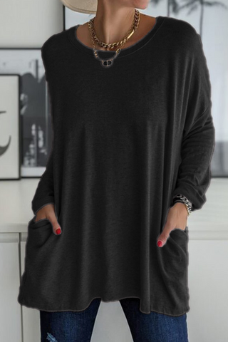 Tops casuales de cuello redondo con bolsillos y parches sólidos (13 colores) 