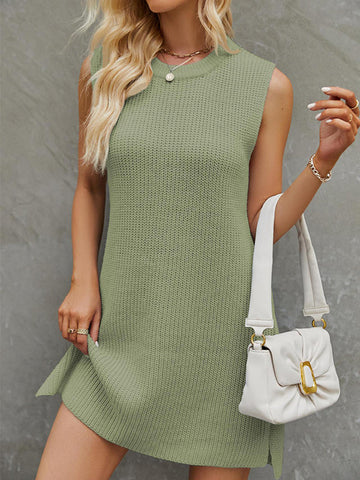 A-Line Loose Solid Color Split-Side Tied Waist Round-Neck Mini Dresses Sweater Dresses