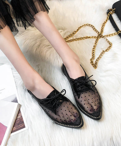 Damen Apricot Splicing Flats Schwarzer Tüll Schnürschuh Spitzschuh 