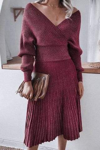 Vestido midi de dos piezas con hombros descubiertos y tejido de canalé de lúrex metalizado - Borgoña 