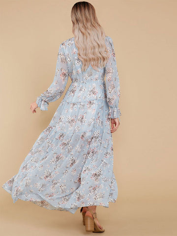 Maxi Dress V-Neck Long Sleeves Casual Floral Print Long Dress