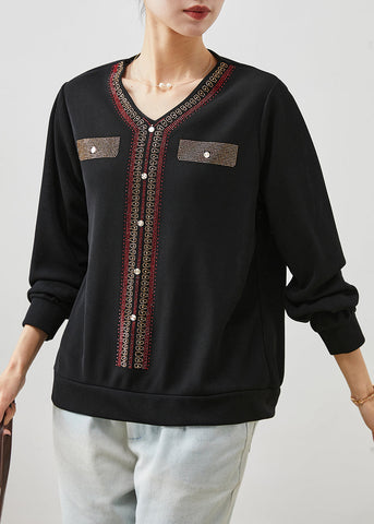 Feine schwarze V-Ausschnitt Zirkon Baumwolle Tops Frühling 