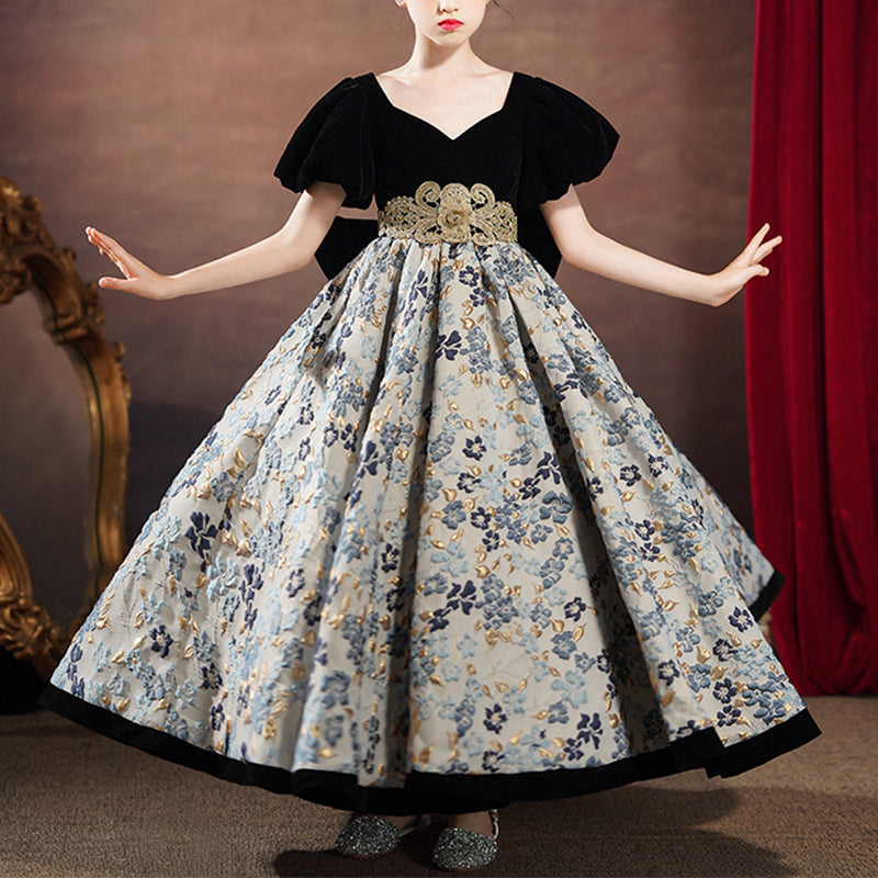 Kommunionkleid für Kleinkinder, Mädchen, Taufe, Retro-Print, große Schleife, Prinzessinnenkleid 