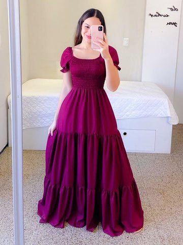 A-Linien-Kleid, gesmokt, kurze Ärmel, gestufte Rüschen, Sommer-Maxikleider 