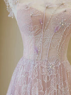 Leichtes langes Ballkleid aus Spitze mit Rundhalsausschnitt, A-Linie, pink, bodenlang