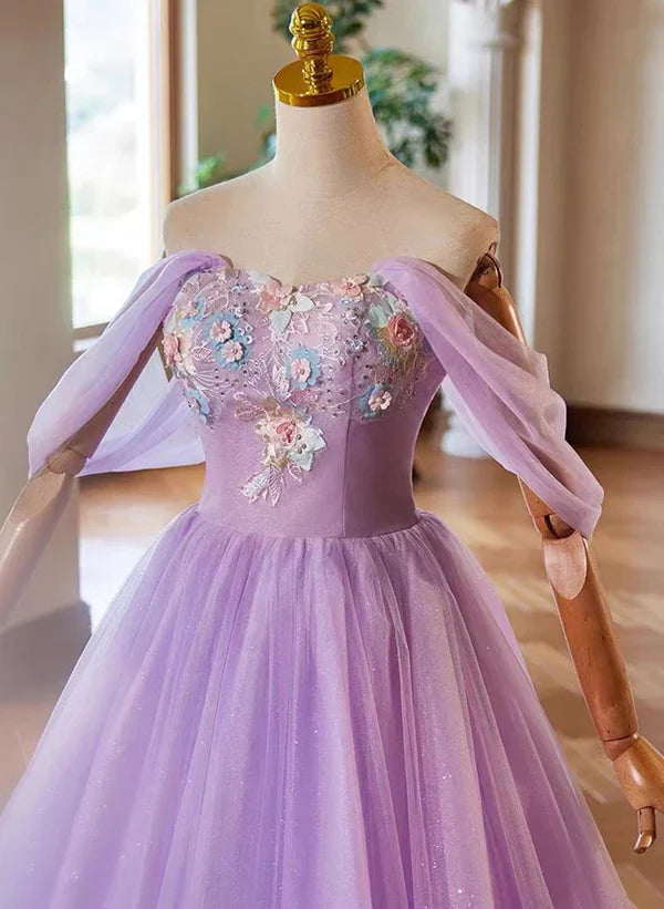 A-Linien-Prinzessinnenkleid aus hellviolettem Tüll mit Sweethart-Spitzenapplikationen, Partykleid/Abendkleid