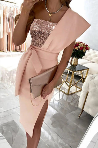 Vestido midi de un solo hombro con parche de lentejuelas de Gorgeous Day 
