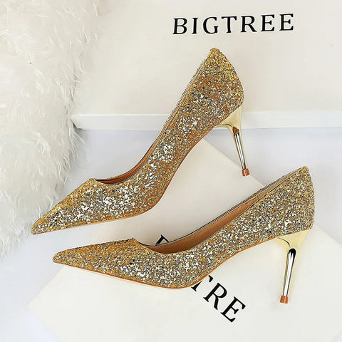 summer new  style sexy nightclub slim heels for women's skinny heels fashion glitter single shoes