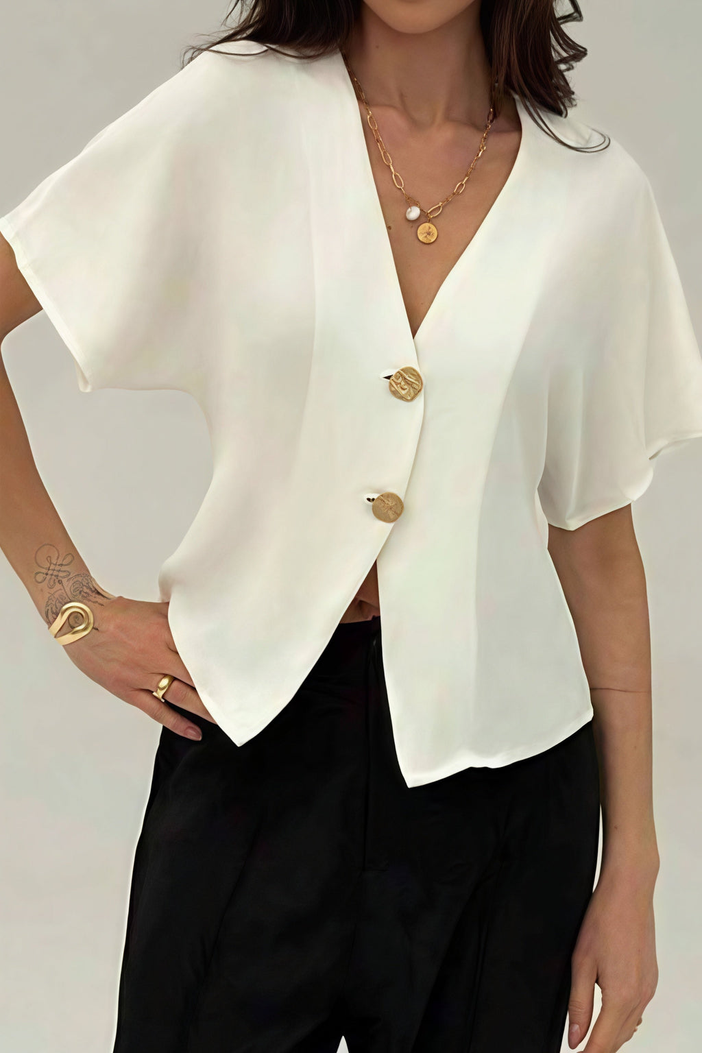 Irregular Button Open Front Short Sleeve Blouse