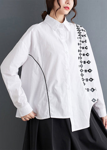 Blusa de algodón con botones blancos, cuello Peter Pan y manga larga 