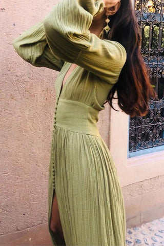 Midikleid mit V-Ausschnitt, Laternenärmeln und Knopfleiste Grün 