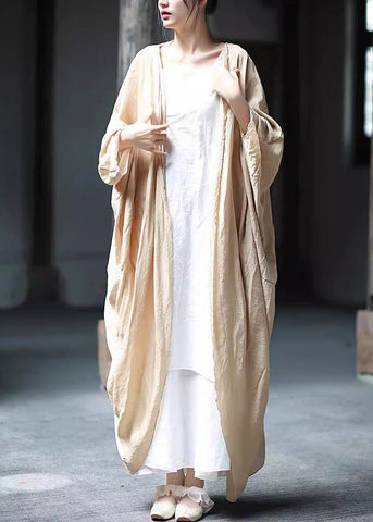 Plus Size Khakifarbene lange Strickjacke aus Baumwolle mit Fledermausärmeln 