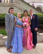 Cute Mermaid V Neck Pink Satin Long Prom Dresses with Big Bow