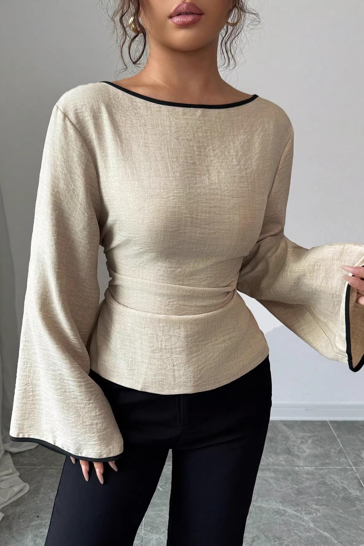 Solid Flare Sleeve Ruched Waist Blouse