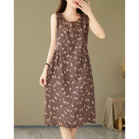 Summer Stylish Casual Sleeveless Linen Floral Dress