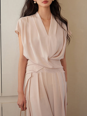 Loose Raglan Sleeve Knot Pleated Solid Color Split-Joint V-Neck Blouses&Shirts Tops