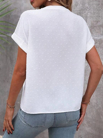 Buttoned Jacquard Solid Color Loose Raglan Sleeve V-Neck Blouses&Shirts Tops