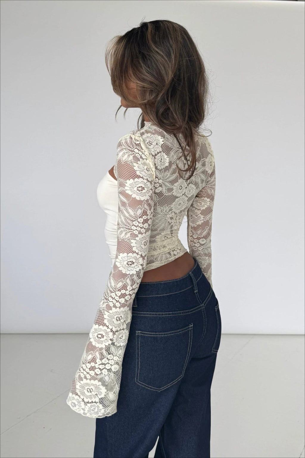 Sexy Lace Spliced Hollow Out Long Sleeve Tee