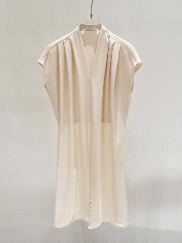 Loose Raglan Sleeve Knot Pleated Solid Color Split-Joint V-Neck Blouses&Shirts Tops