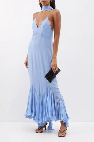 Vestido midi lencero con espalda descubierta y volantes 