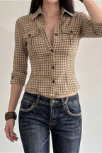 Plaid Waist Slim Five Quarter Sleeve Blouse