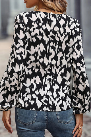Black Abstract Printed Lace V Neck Long Sleeve Blouse