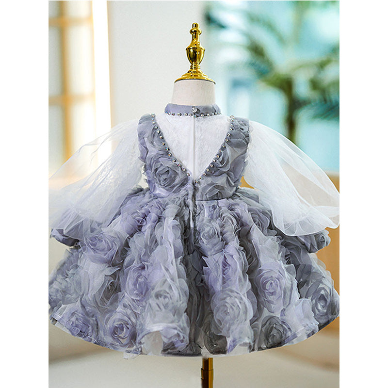 Vestido de primera comunión para niña, vestido de princesa para niña de las flores, vestido esponjoso de malla con cuentas rosas 