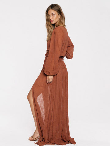 Maxi Dress V-Neck Long Sleeves High-slit Floor Length Dress