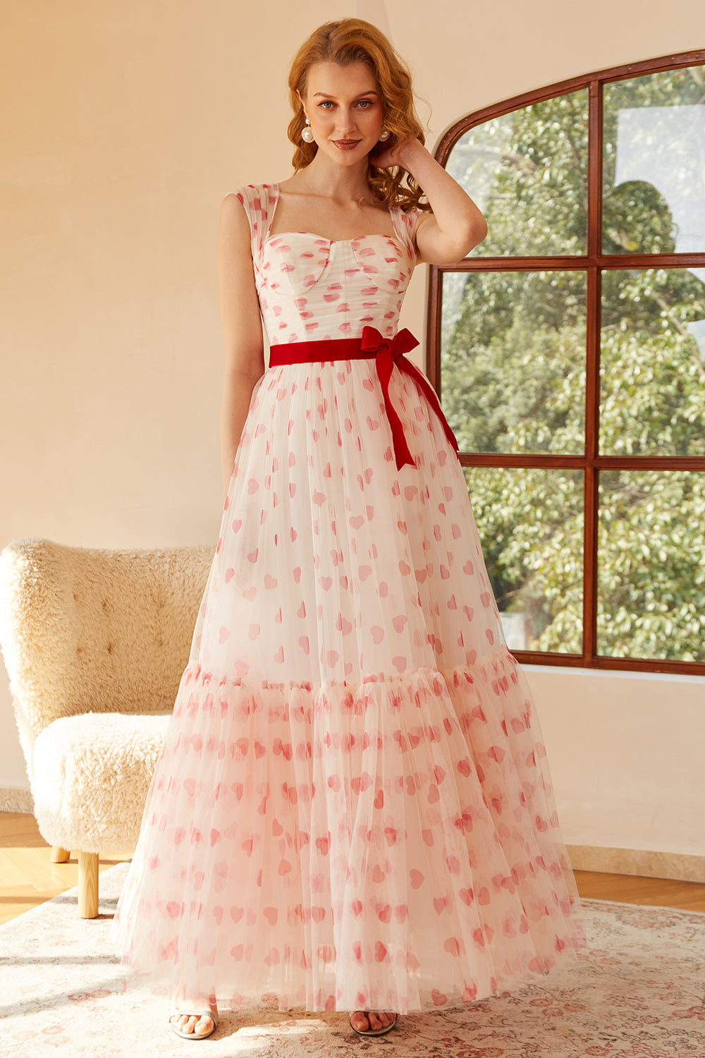 Vestido de fiesta largo estilo princesa, corte en A, escote corazón y lazo