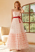 Vestido de fiesta largo estilo princesa, corte en A, escote corazón y lazo