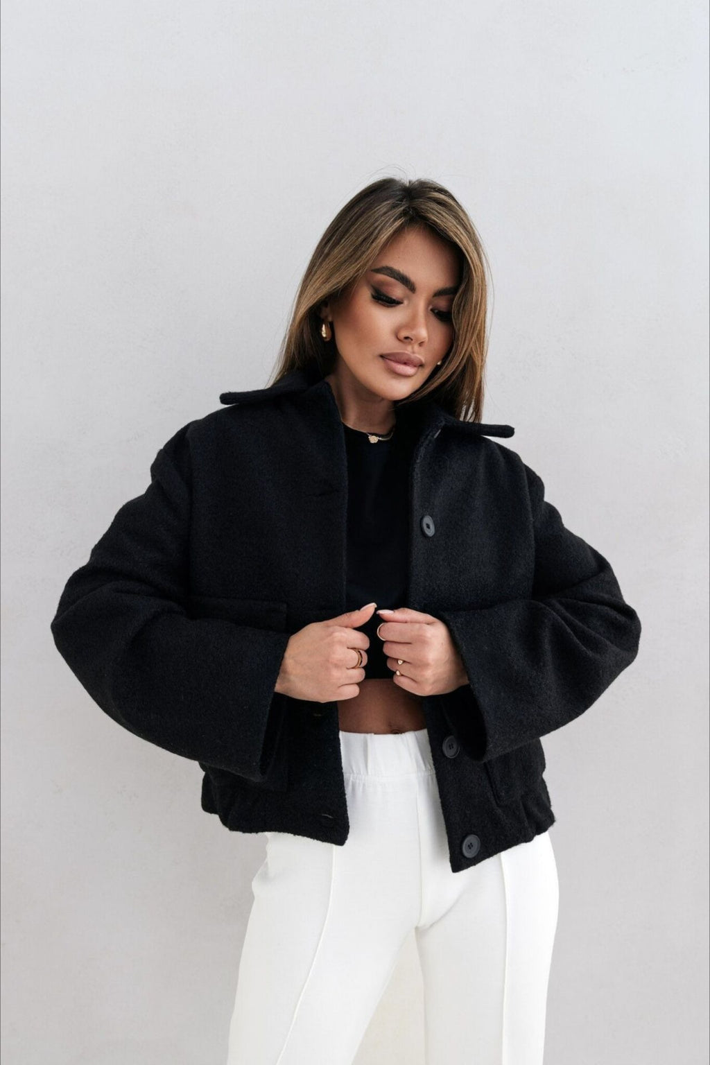 Trendy Solid Wool Pocket Elastic Snap Coat