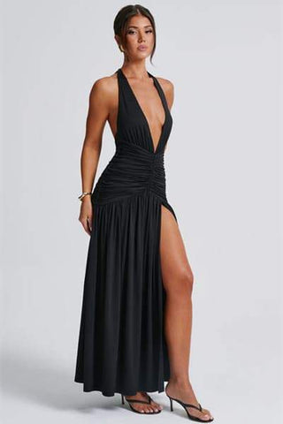 Vestido largo Norma con cuello en V profundo y cuello halter 
