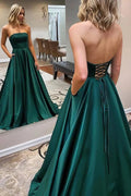 Vestido de fiesta largo verde oscuro sin tirantes, corte A, espalda cruzada