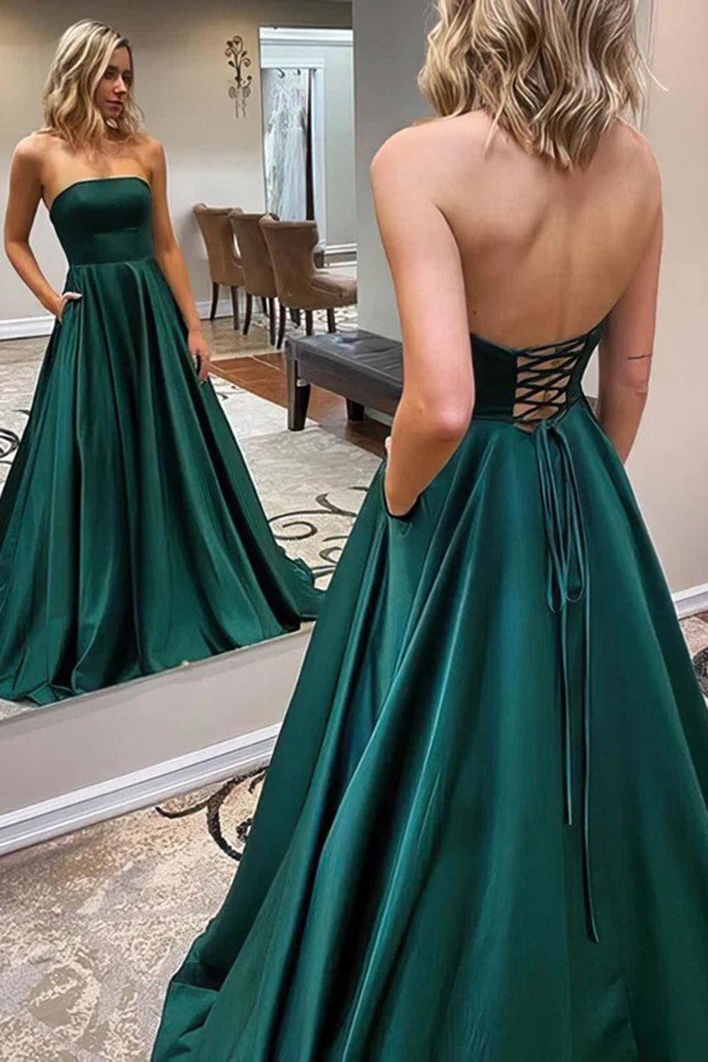Dunkelgrünes, trägerloses, langes A-Linien-Abendkleid mit gekreuzten Trägern am Rücken