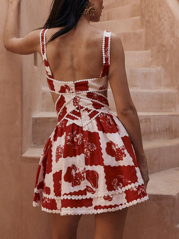 Minikleid in A-Linie mit Blumenmuster, einzigartigem V-Ausschnitt und hohlem Muster 