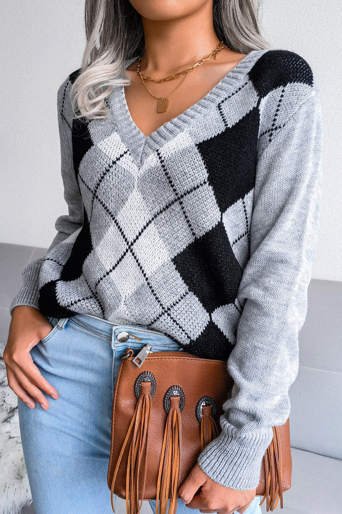 Argyle V-Neck Knit Pullover Sweater